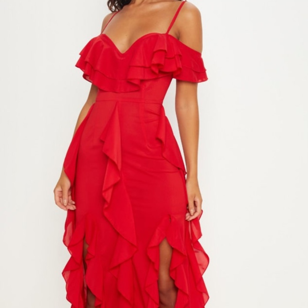 PRETTY LITTLE THING RED COLD SHOULDER RUFFLE DETAIL MAXI DRESS